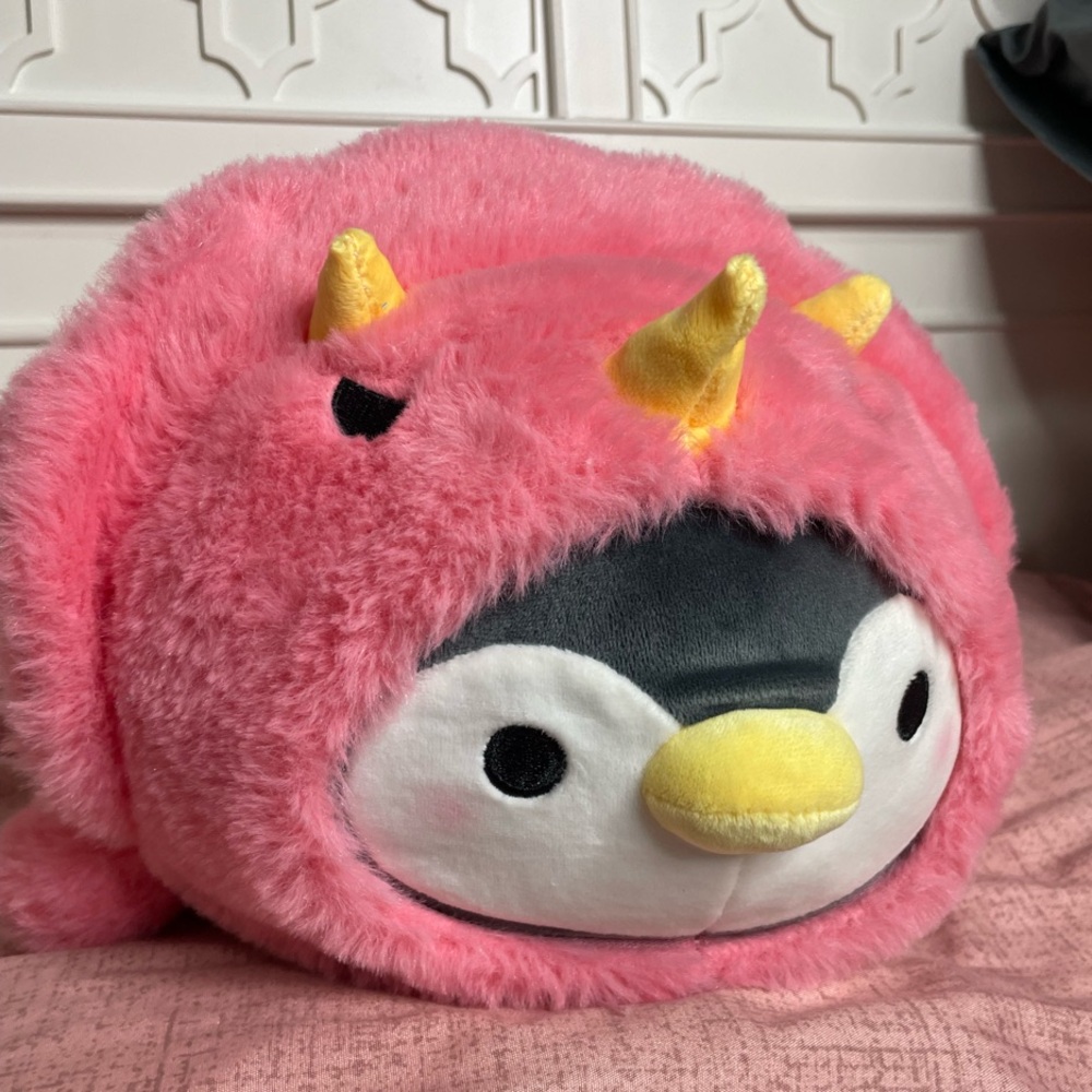 14” Takashoji Penguin In Magenta Triceratops Kigurumi Lying Down Plush Round 1